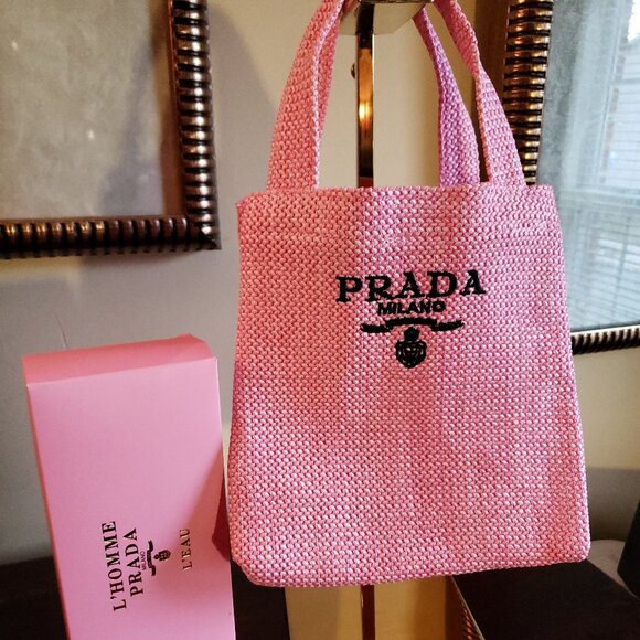 Prada Accessories - Prada Small Pink Raffia Woven Tote Bag NIB